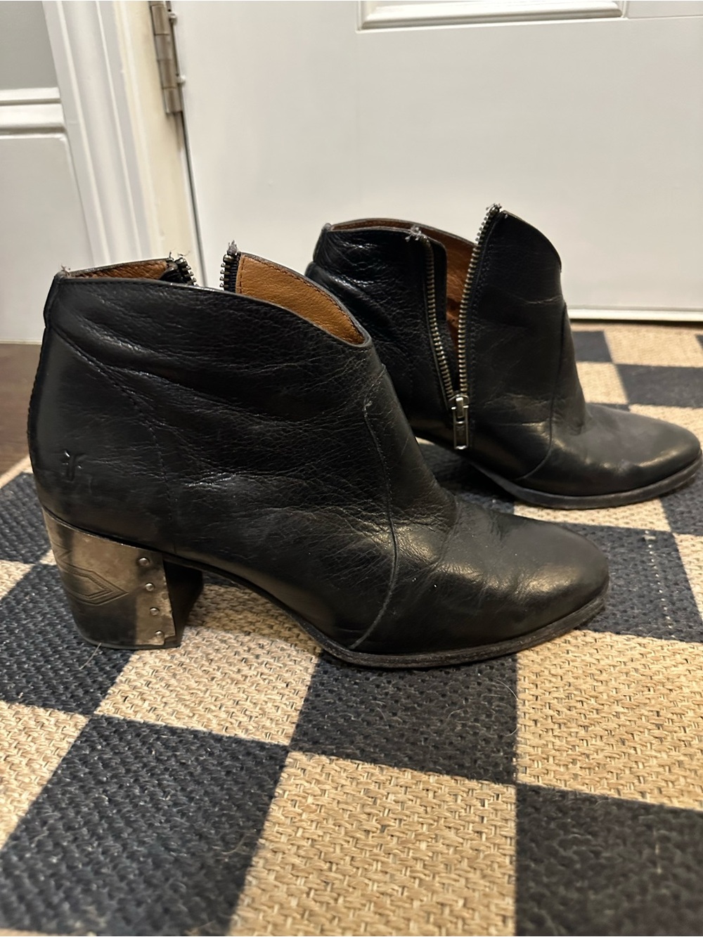 Frye Black Leather Zip Ankle Booties with Metal Accent Heel